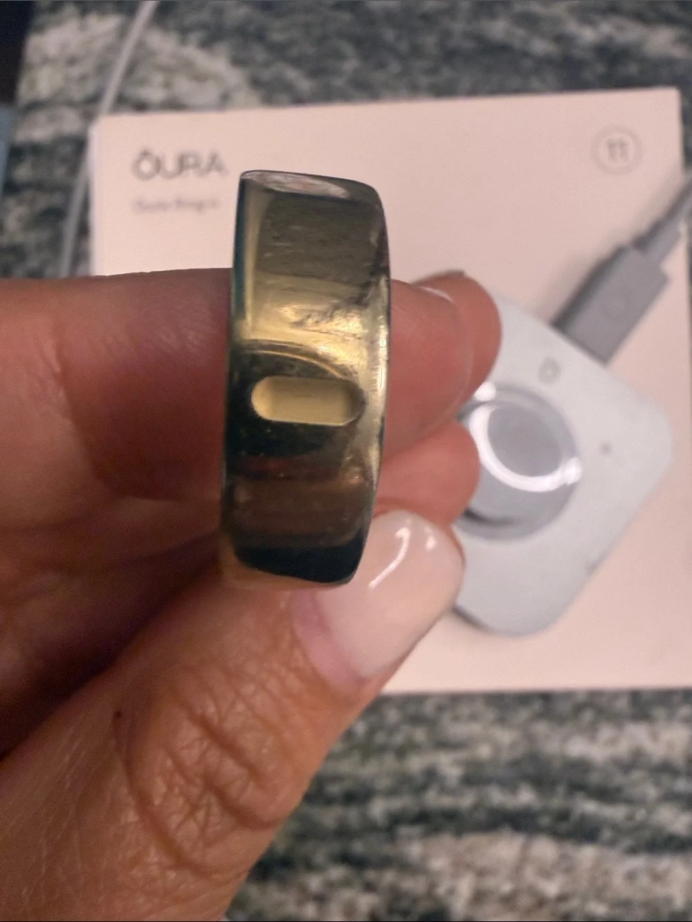 Oura Gold Ring Size 11 & Silver Charging Dock with Gray Cable